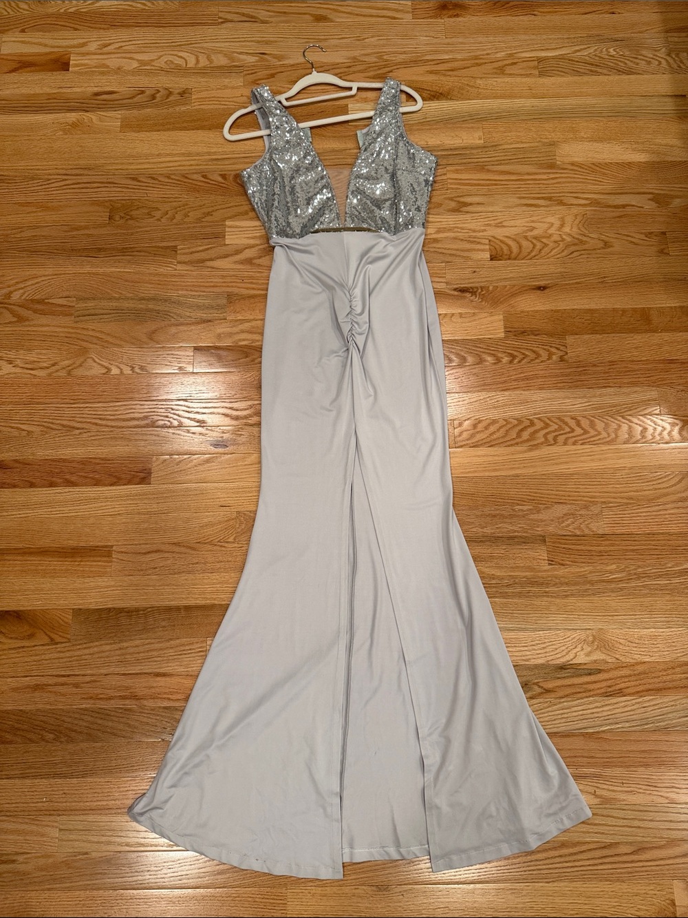 Silver Sequin Bodice Prom Gown with Light Gray Skirt